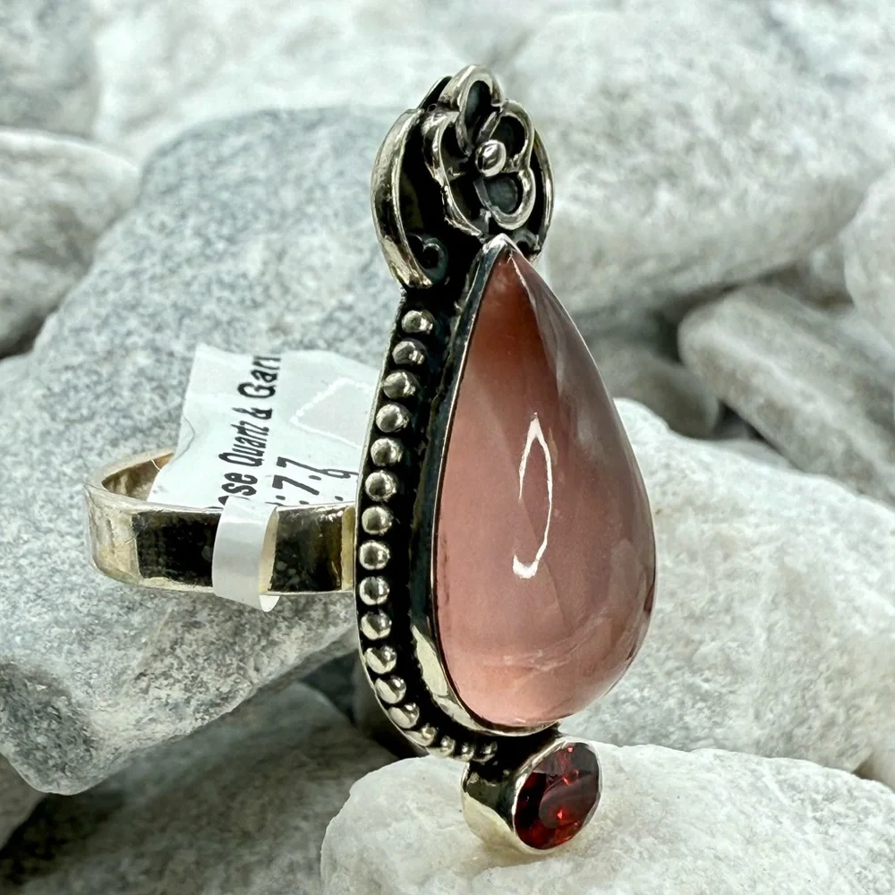 NWT Sterling Silver Rose Quartz & Garnet Ring Size 9 Southwestern Boho 925